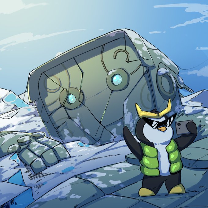 An illustrated scene shows a penguin wearing a green puffer vest and sunglasses holding a phone in selfie pose in front of a large stone cube with glowing blue orbs in a snowy, icy landscape.