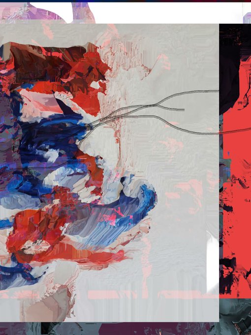 An abstract painting features swirling brushstrokes in red, blue, white, and pink colors against a gray background, with prominent gestural marks and texture.