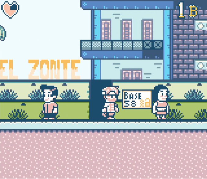 Pixel art game scene showing characters standing in front of a 'BASE 3B' sign in 'EL ZONTE' area, with a heart icon and '1B' indicator visible.