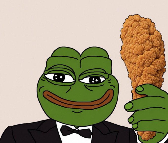 The 'smug Pepe' meme depicting the green frog in a tuxedo and bow tie holding a piece of fried chicken.