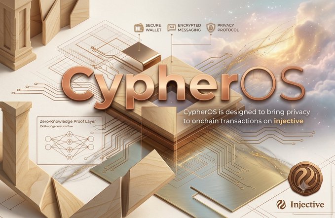 A promotional graphic for 'CypherOS' by Injective, featuring gold-toned architectural and circuit-board imagery with text describing it as 'designed to bring privacy to onchain transactions' with 'SECURE WALLET', 'ENCRYPTED MESSAGING', and 'PRIVACY PROTOCOL' features.