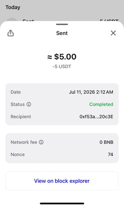 A transaction receipt screenshot showing a successful send of approximately $5.00 (-5 USDT) dated July 11, 2026, with zero network fee (0 BNB) and a nonce of 74, paired with the caption "Who is next" suggesting the sender is teasing future crypto transactions to followers.