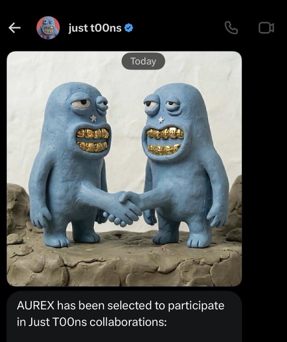 A screenshot of a Discord message from the verified "just t00ns" server, dated "Today," shows two blue, clay-like cartoon characters with gold teeth shaking hands on a rocky surface. The caption below reads, "AUREX has been selected to participate in Just T00ns collaborations," announcing the partnership.