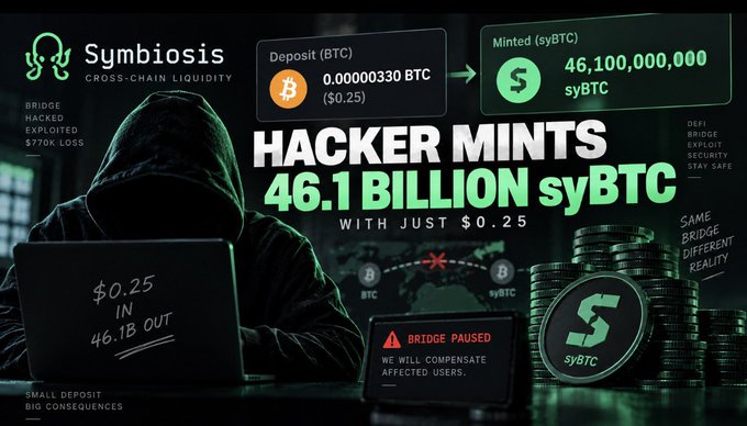 A security alert graphic about Symbiosis cross-chain liquidity, stating 'HACKER MINTS 46.1 BILLION syBTC WITH JUST $0.25', noting a bridge was paused to compensate affected users.