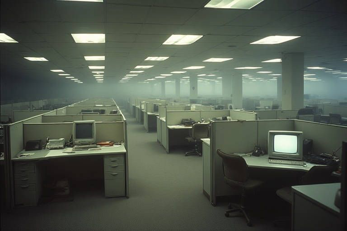 An atmospheric, foggy open-plan office filled with rows of cubicles featuring vintage CRT monitors and old desktop computers.