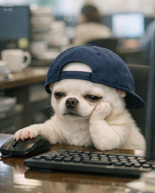 A small white dog wearing a backwards blue cap sits at a desk, resting its chin on its paw beside a computer mouse.