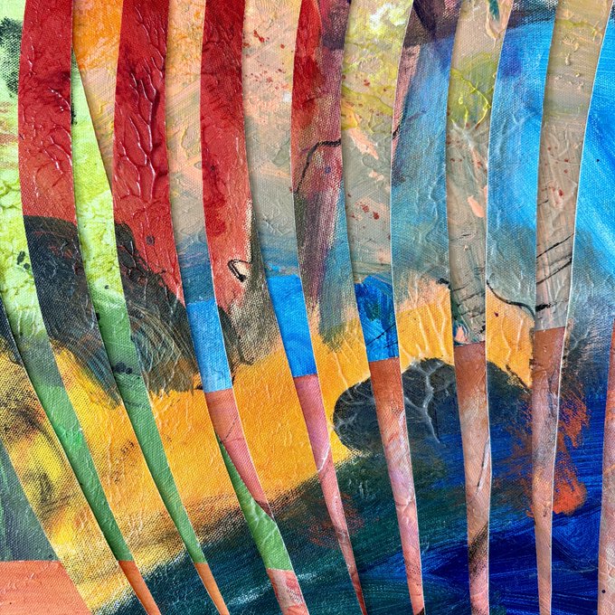A vibrant abstract painting featuring vertical strips of various colors including reds, blues, greens, yellows, and browns with textured brushwork creating a curtain-like composition.