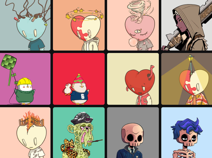 A 3x4 grid of NFT-style cartoon characters featuring various designs including a blue creature with crown, a split red/white character, an angel, a hooded assassin, a construction worker, a character in a party hat with a penguin, a red heart character, a character under a streetlight, and others with unique artistic styles.