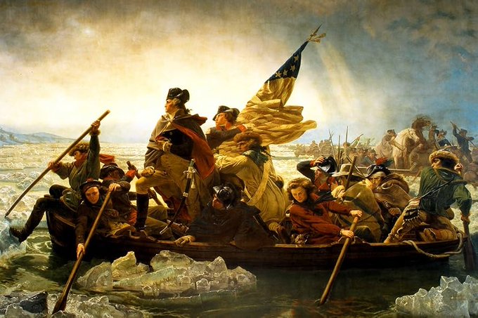 The image depicts George Washington leading his troops across an icy river, evoking a scene of heroic perseverance and rallying under the American flag, fittingly drawing a parallel to Rob Hamilton and Red Team steering the Bitcoin ecosystem through the challenging "AI War."