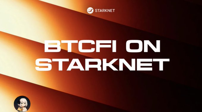 A promotional banner with an orange gradient background featuring the text 'BTCFI ON STARKNET' alongside the Starknet logo.