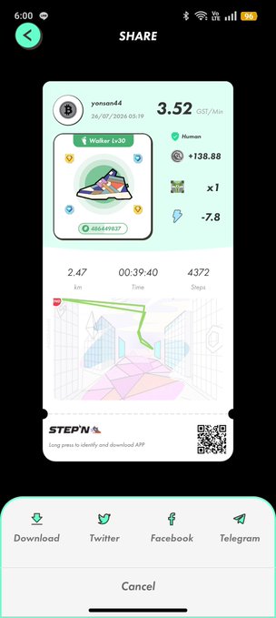 A share screen from a fitness app displaying a walking activity from 26/07/2026 covering 3.52 km at a pace of 5'55"/Min, showing a 3D walking shoe badge and a map, with sharing options for Download, Twitter, Facebook, and Telegram.