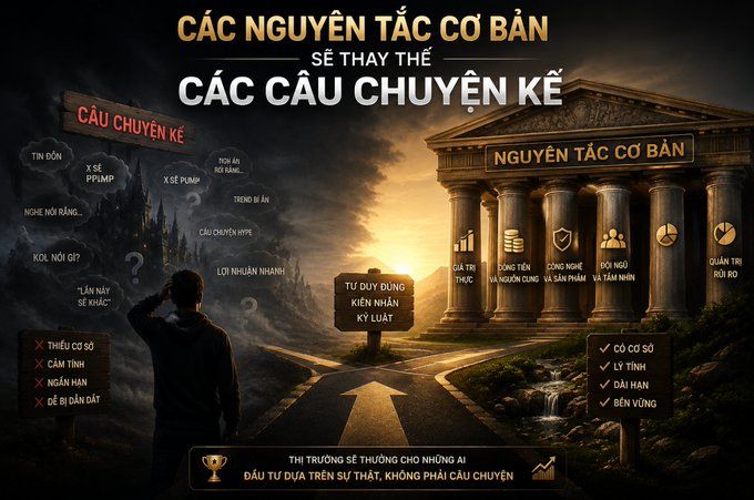 A motivational Vietnamese infographic titled 'CÁC NGUYÊN TẮC CƠ BẢN SẼ THAY THẾ CÁC CÂU CHUYỆN KỂ' (Basic principles will replace storytelling), contrasting myths with principles of success over a Greek temple background.