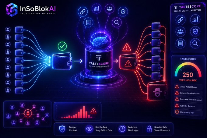 A digital infographic titled 'InSoBlokAI - Trust-Native Internet' featuring a 'TASTESCORE - Trust Intelligence' system that analyzes trust signals, displaying a score of 250 labeled 'VERY HIGH RISK' with warnings for Linked Wallet Cluster, Common Funding Source, Suspicious Pattern Detected, Split-like Behaviour, and Counterparty Risk.