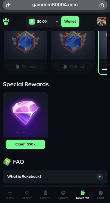 A mobile screenshot of gamdom80004.com showing a 'Rewards' section with a 'Special Rewards' gem icon and a green button to 'Claim $50k'.