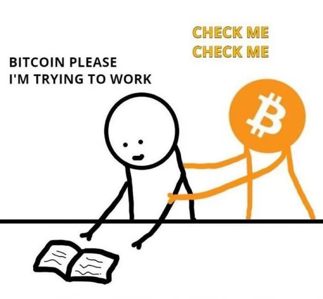 A stick figure trying to read a book is distracted by an orange Bitcoin ($BTC) figure pulling them away, captioned "BITCOIN PLEASE I'M TRYING TO WORK" and "CHECK ME CHECK ME." The meme humorously illustrates the post's bullish $BTC → $75K prediction, showing how the relentless temptation of Bitcoin's price momentum keeps pulling focus away from everyday tasks.
