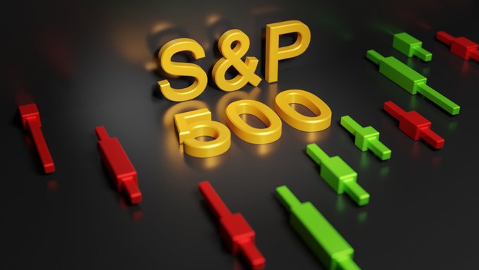 A 3D rendered graphic shows large golden letters spelling "S&P 500" surrounded by red and green candlestick chart bars on a dark surface.