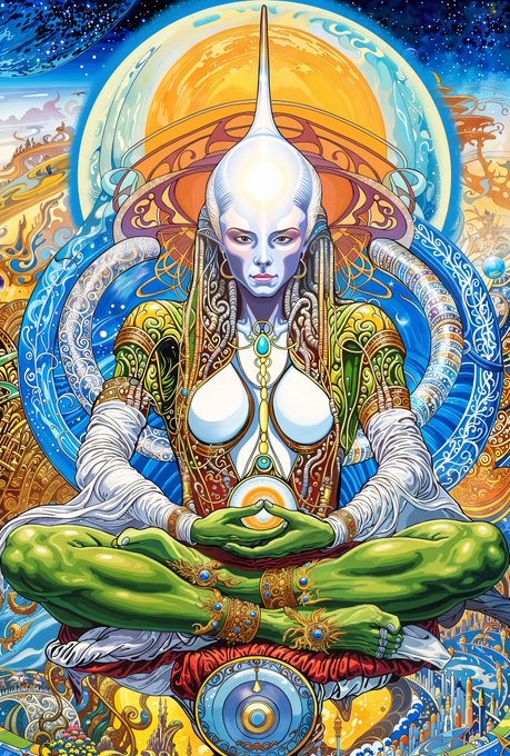 A vibrant, psychedelic illustration of a meditating figure with a tall head spike, adorned in ornate green and gold garments against a cosmic background.