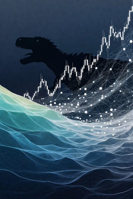 The image features a captivating digital illustration of a dinosaur walking across blue ocean waves, surrounded by white dots representing an upward-moving line graph. This creative piece of art incorporates elements from technology like sleep tracking app Solana featuring cute dinosaurs as its mascot for "SleepMaxFi" and the financial industry's fixed rate lending app TermMaxFi with transparent auctions in the background. The artist has also added a gradient effect to the ocean waves, giving it a dynamic and fluid appearance that complements the overall theme of the illustration.