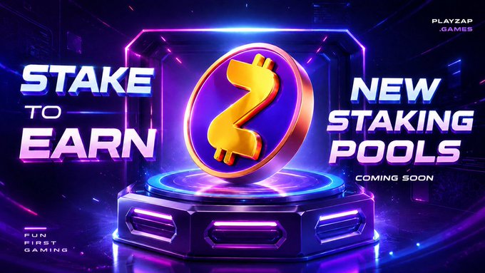 A promotional graphic for PLAYZAP.GAMES advertising 'STAKE TO EARN' and 'NEW STAKING POOLS' with a golden Z coin on a neon-lit purple platform, labeled 'COMING SOON' and 'FUN FIRST GAMING'.