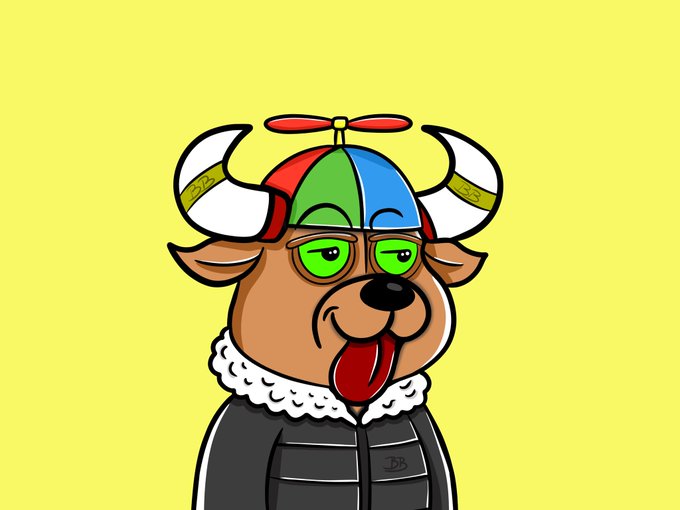 A cartoon illustration of a brown bull character wearing a colorful propeller hat, green glasses, and a gray puffer jacket against a yellow background.