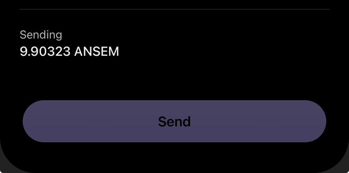 A dark-themed mobile interface showing a transaction in progress, 'Sending 9.90323 ANSEM' with a 'Send' button below.