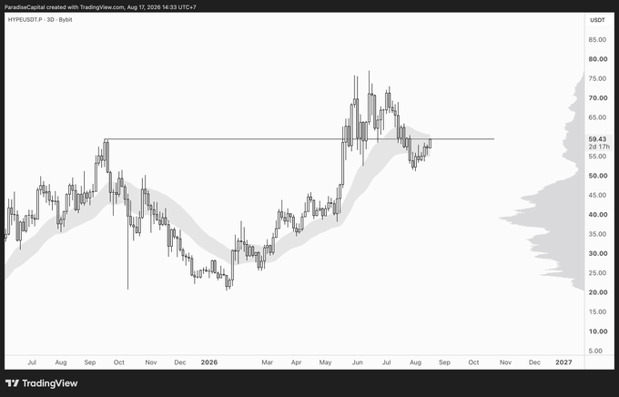 A TradingView candlestick chart of HYPERUSDT (HYPE/USD) on the 3-day timeframe shows price action ranging from roughly $20 to $80, with a horizontal resistance line drawn near $59.43 (current price) and a visible volume profile on the right side illustrating the developing yearly value area. The chart illustrates the post's observation of higher timeframe support/resistance being tested, with price currently retesting the underside of the yearly VAH in a critical "do or die" zone for continuation.