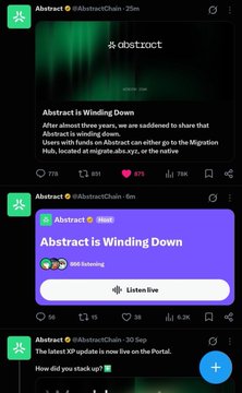 Screenshots of social media posts from 'Abstract' (@AbstractChain) announcing 'Abstract is Winding Down' and informing users that funds on Abstract can now go to the Migration Hub at migrate.eligible.xyz.