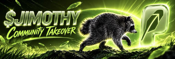 Promotional banner reading '$JIMOTHY COMMUNITY TAKEOVER' featuring a raccoon mascot and a green logo with a leaf symbol.
