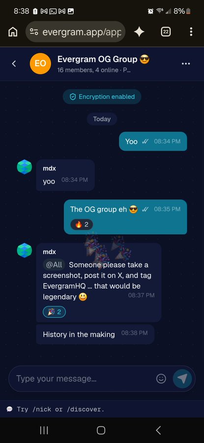 A mobile screenshot of an Evergram chat group called 'Evergram OG Group' with messages including 'Yoo', 'The OG group eh', and a request to take a screenshot and post it on X tagging EvergramHQ.