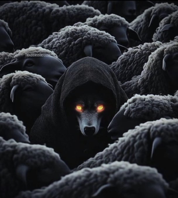 A dark, atmospheric image of a hooded wolf with glowing orange eyes standing among a flock of black sheep, with the text 'TRADERS SUCCESS' visible.