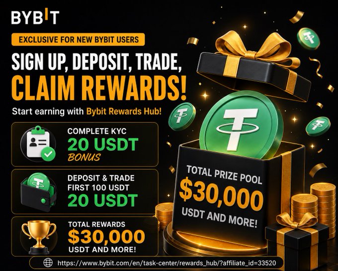 The image is a promotional banner for Bybit's exclusive rewards program for new users, featuring a golden gift box overflowing with green Tether (USDT) coins and the headline "SIGN UP, DEPOSIT, TRADE, CLAIM REWARDS!" It details three key offers—a 20 USDT bonus for completing KYC, 20 USDT for depositing and trading 100 USDT, and a chance to win from a $30,000 total prize pool—matching the post's call to action that directs users to the Bybit Rewards Hub.