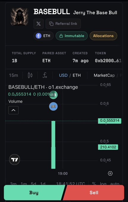 A cryptocurrency trading interface showing 'BASEBALL' token by 'Jerry The Base Bull' with 'Total Supply 1B', a price chart displaying $0.555314, and Buy/Sell buttons.