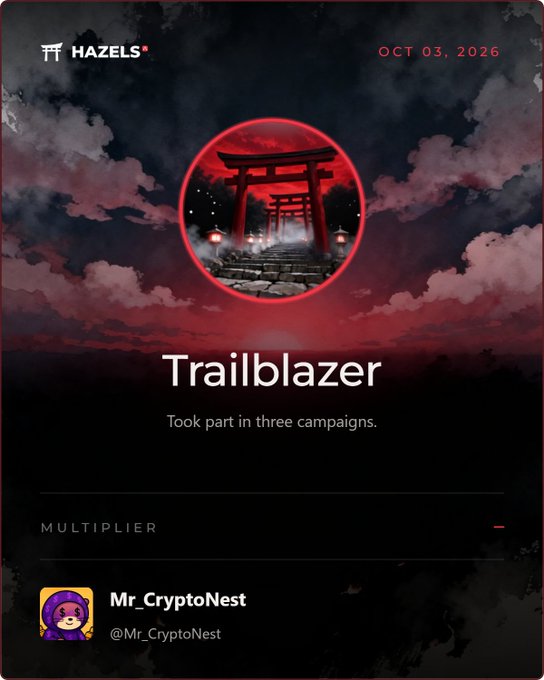 A 'Trailblazer' achievement notification for user @Mr_CryptoNest from HAZELS dated OCT 03, 2026, awarded for taking part in three campaigns.