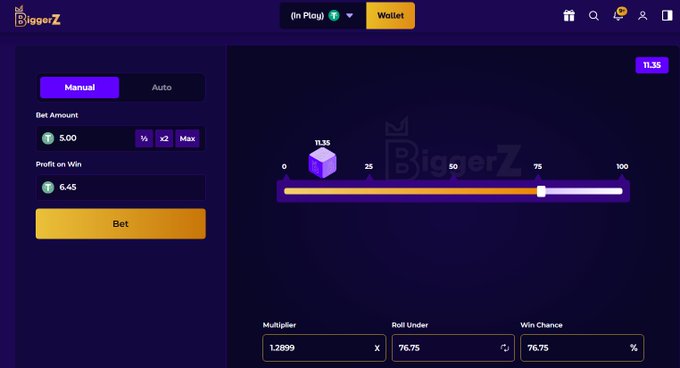 BiggerZ dice betting interface with a Manual/Auto toggle, bet amount set to 5.00 T, a roll-under slider, and multiplier of 1.2899 with 76.75% win chance.