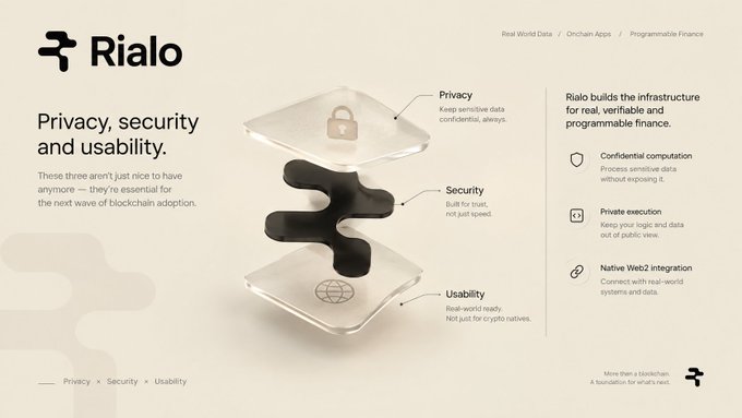 A Rialo website landing page highlighting 'Privacy, security and usability' with three floating 3D panels representing each feature and the tagline 'More than a blockchain. A foundation for what's next.'