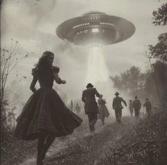 A black-and-white scene of people, including a woman in a dress and men in hats, running through a misty field as a large, glowing UFO hovers in the background.