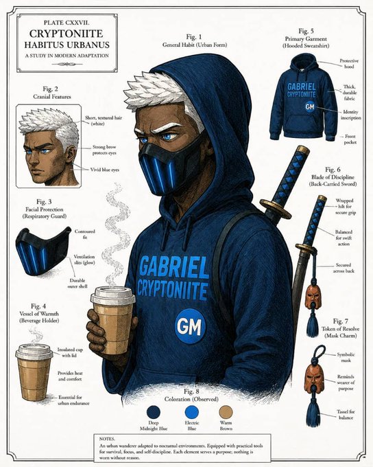 An anime-style character design sheet titled 'PLATE CXXVII. CRYPTONIITE HABITUS URBANUS' depicting a white-haired character wearing a blue 'GABRIEL CRYPTONIITE GM' hoodie and face mask, holding a sword and coffee.
