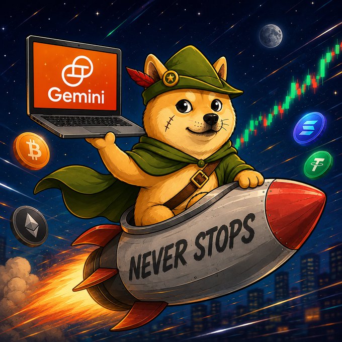 Cartoon illustration of a Shiba Inu dog dressed as a cowboy riding a rocket labeled "NEVER STOPS," holding a laptop displaying the Gemini logo, with Bitcoin, Solana, and Tether crypto coins flying nearby.