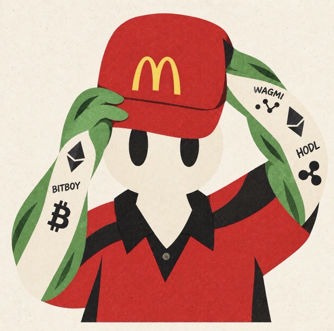 An illustration shows a McDonald's-style character in a red uniform and cap with the golden arches logo, with tattooed arms displaying crypto-related terms like 'BITBOY', 'WAGMI', and 'HODL' alongside Bitcoin, Ethereum, and XRP symbols.