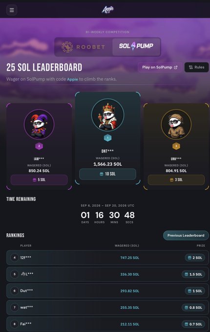 A screenshot of a '25 SOL LEADERBOARD' for a 'BI-WEEKLY COMPETITION' between 'ROOBET' and 'SOLPUMP', showing top wagered players with prizes in SOL cryptocurrency and a countdown timer, dated Sep 6, 2026 - Sep 20, 2026 UTC.