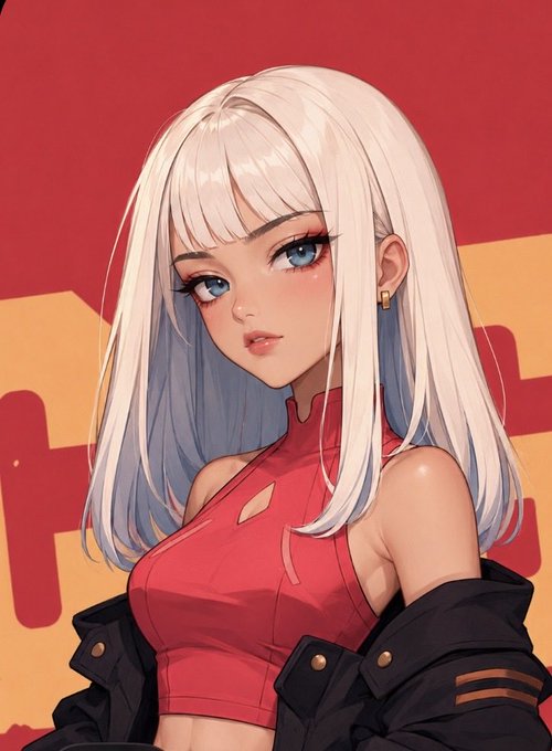 An anime-style illustration of a young woman with long white hair, blue eyes, and a red sleeveless top, with a dark jacket draped off her shoulders, set against a red and orange background.