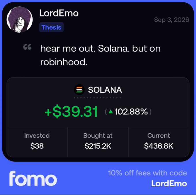 A Fomo app screenshot showing a user 'LordEmo' promoting a thesis of 'Solana. but on robinhood,' displaying gains of +$39.31 (102.88%) with an invested amount of $38 and current value of $436.8K.