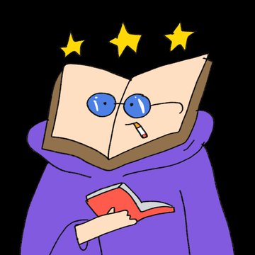 A cartoon illustration of an anthropomorphic open book character with blue eyes, glasses, and a cigarette in its mouth, wearing a purple robe, holding another book, with three yellow stars above it on a black background.