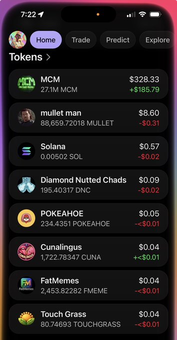 A mobile phone screen showing a crypto token portfolio list with entries including MCM ($328.33, +$185.79), mullet man, Solana, Diamond Nutted Chads, POKEAHOE, Cunalingus, FatMemes, and Touch Grass, with various prices and price changes.