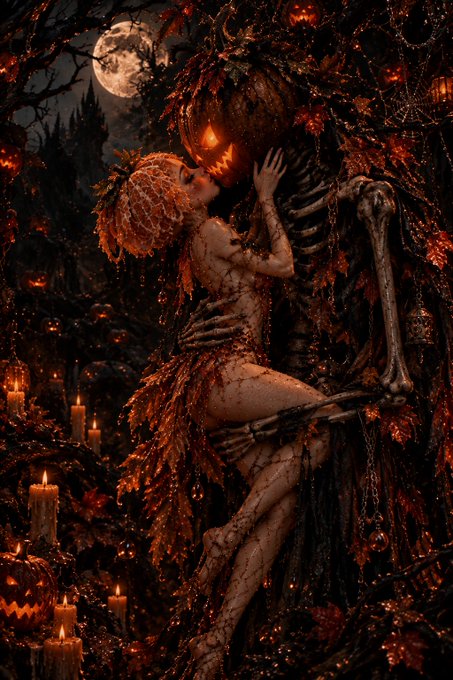 A dark, gothic fantasy artwork depicts a woman with autumn leaves in her hair intimately embracing a skeletal figure adorned with a jack-o'-lantern, set against a full moon with glowing candles below.