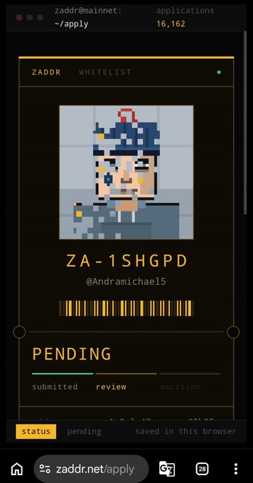 A mobile screenshot of the zaddr.net/apply page showing a ZA-1SHGPD pending whitelist application with pixel art and a barcode.