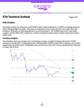 An 'ETH Technical Outlook' report by CRYPTO WIZRD dated August 4th, discussing Ethereum and ETHBTC, with key levels at $1,950 resistance and $1,800 support.