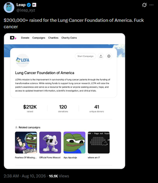 A tweet from @leap_xyz posted August 10, 2024 announces '$200,000+ raised for the Lung Cancer Foundation of America, Fuck cancer,' showing a fundraiser page for LCFA with $212K raised from 120 supporters and 41 unique donors, displaying four campaign perks including 'Fearless OF Missing...', 'Official Homie Mascot', 'Apu Apustaja', and 'where am i?'.