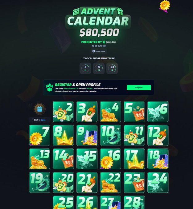A screenshot of a Gamdom Advent Calendar promotion offering $80,500 to be claimed, displaying a grid of numbered green doors from 2 to 28.