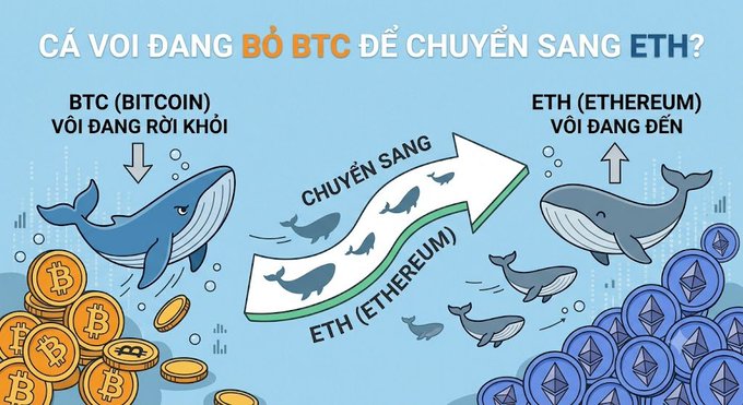 An infographic in Vietnamese showing whales selling BTC (Bitcoin) to switch to ETH (Ethereum), illustrated with whale and coin graphics.